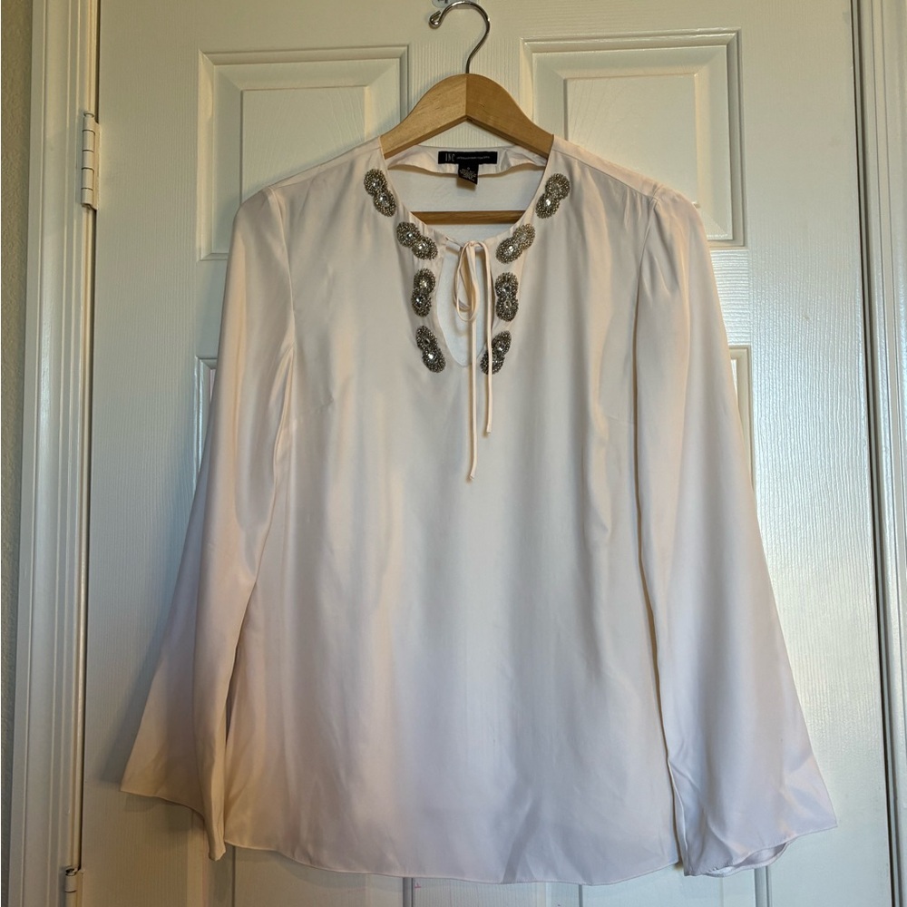 100% Silk top by INC International Concepts Cream Blouse with Silver Accents